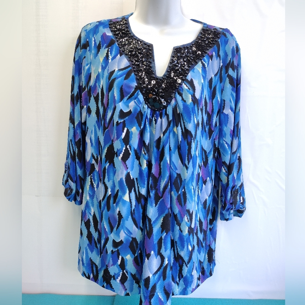 Fashion Bug Womens 3/4 Sleeve Beaded Pullover Tunic Blouse V-neck - L